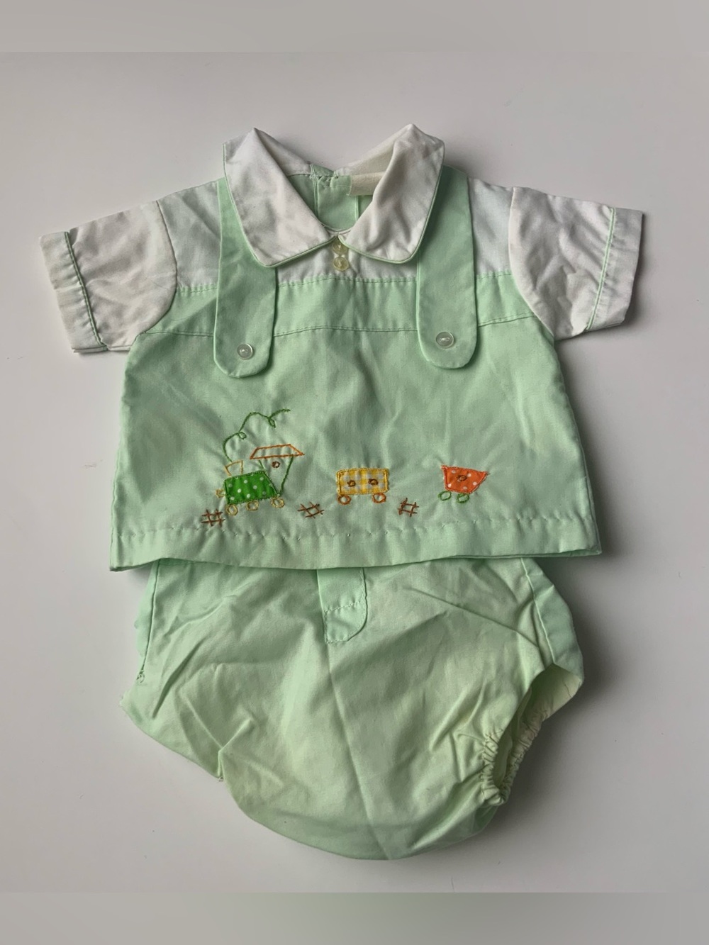 Vintage 60s Mint Green Baby Two-Piece Set with Embroidered Train